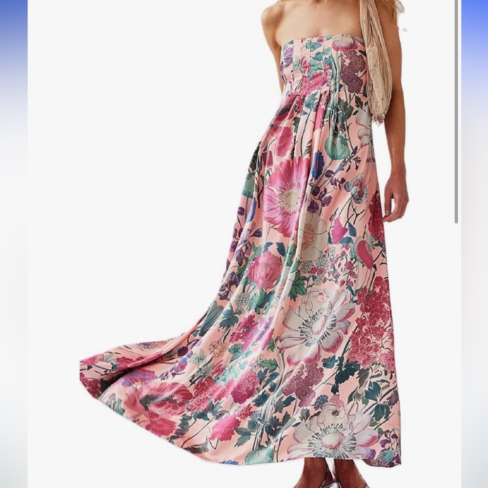 Boutique Pink Floral Strapless Maxi Dress